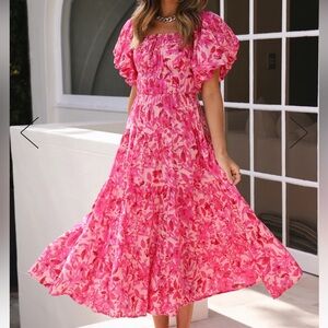 Pink Floral Puff Sleeve Midi Dress Size M